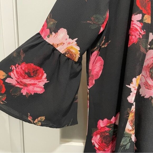 NEW Bellina Black Red Pink Floral Kimono Swim Coverup Size Small bin 3A - Picture 4 of 5